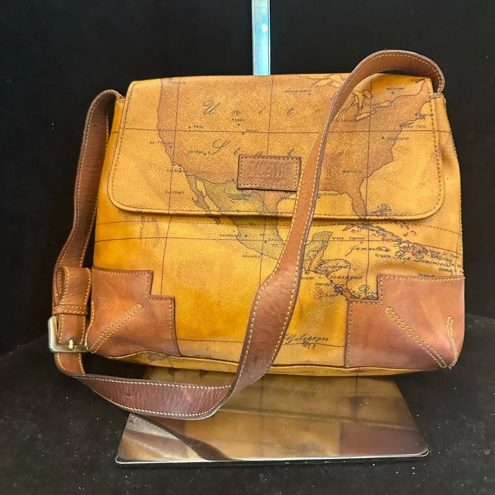 Alviero Martini Yellow Map-Print Crossbody Bag with Brown Trim - Picture 8 of 10